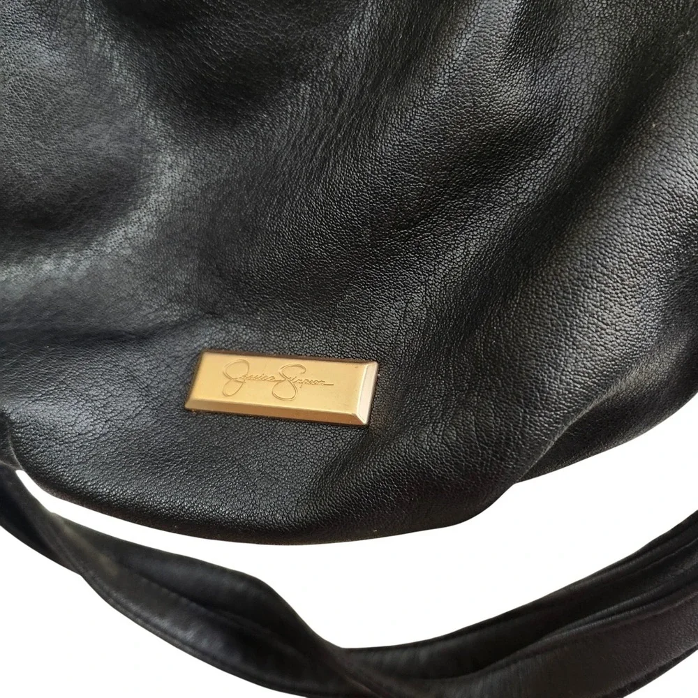 Jessica Simpson Black Faux Leather Bucket Bag Gold Chain Crossbody Designer Glam